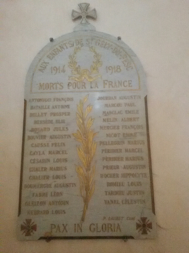 Plaque commémorative aux morts de 14-18 - Eglise de Saint-Gély (collection personnelle).